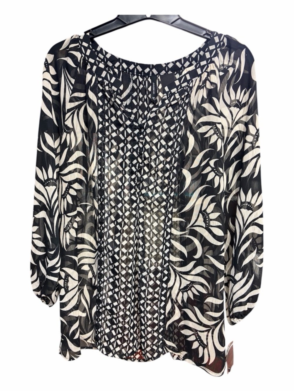 New Directions Black & White Floral Sheer Peasant Blouse